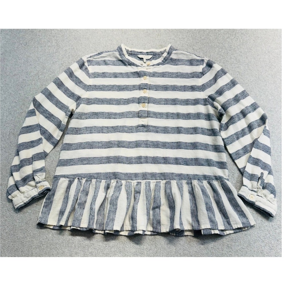 Lucky Brand Top Womens M Blue White Striped Peplum Ruffle Henley Long Sleeve